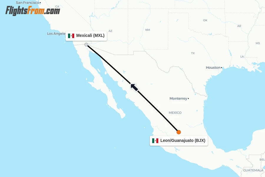 Flights from Leon/Guanajuato to Mexicali route map