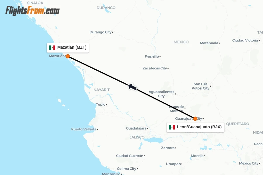 Flights from Leon/Guanajuato to Mazatlan route map