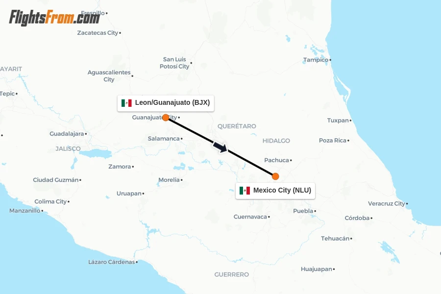 Flights from Leon/Guanajuato to Mexico City route map