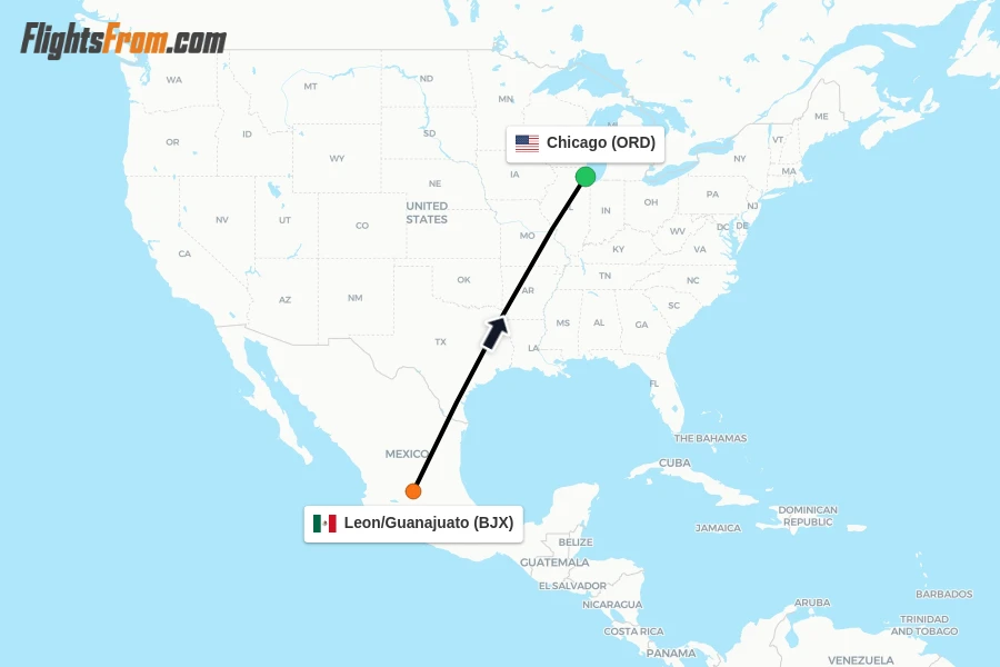 Flights from Leon/Guanajuato to Chicago route map