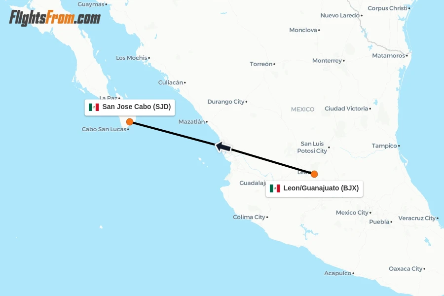 Flights from Leon/Guanajuato to San Jose Cabo route map