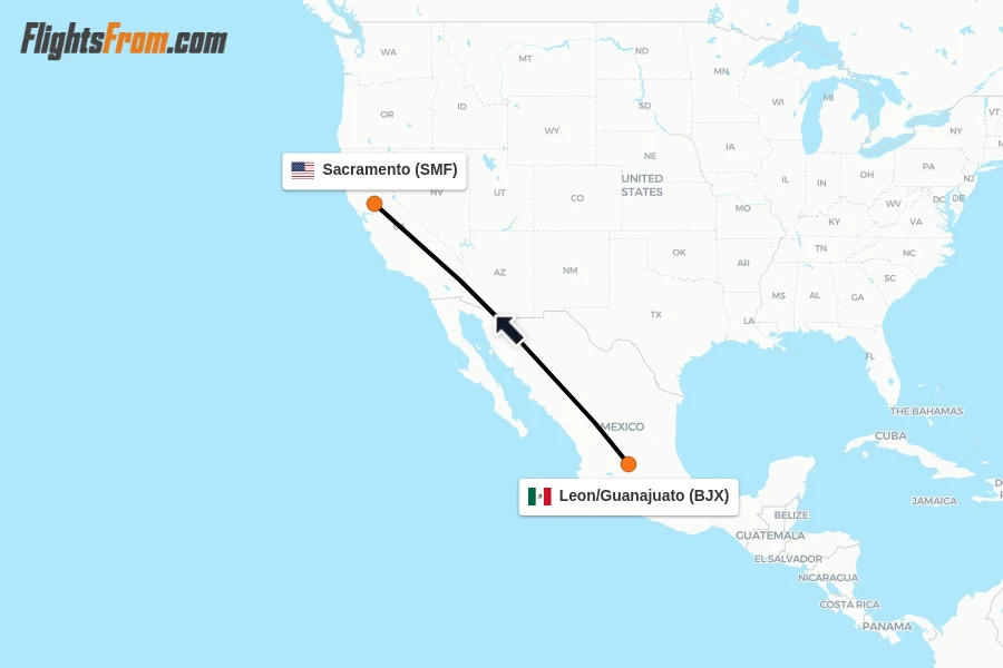 Flights from Leon/Guanajuato to Sacramento route map