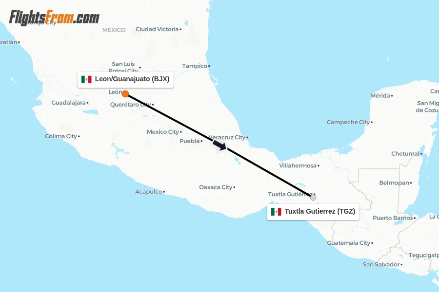 Flights from Leon/Guanajuato to Tuxtla Gutierrez route map