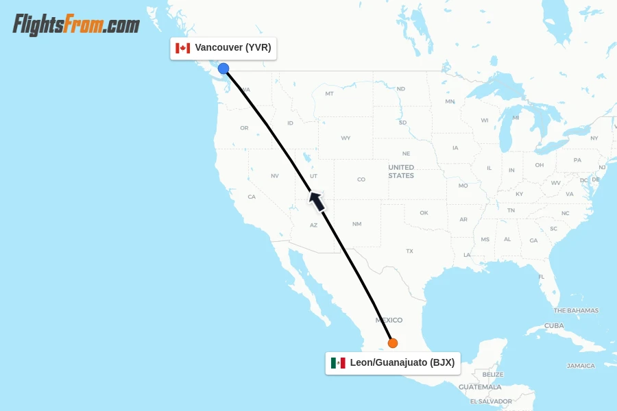Flights from Leon/Guanajuato to Vancouver route map