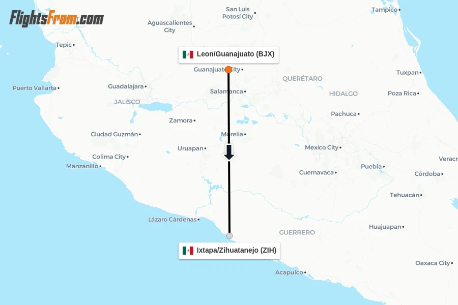 Flights from Leon/Guanajuato to Ixtapa/Zihuatanejo route map