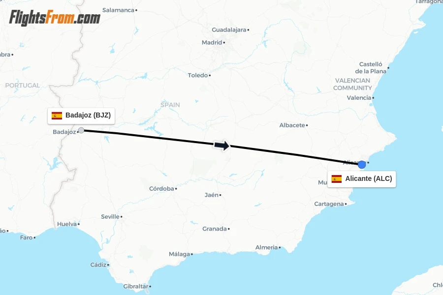 Flights from Badajoz to Alicante route map