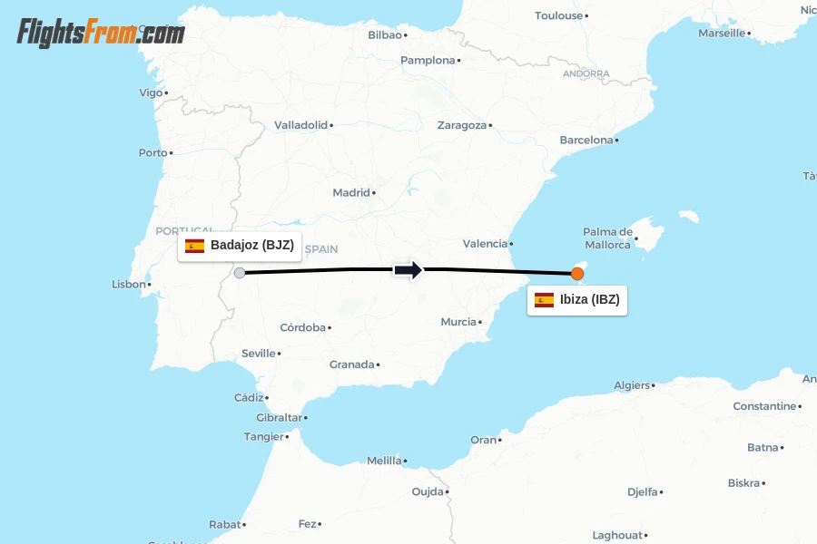 Flights from Badajoz to Ibiza route map