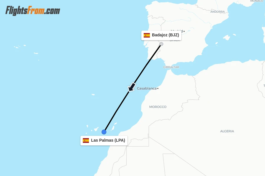 Flights from Badajoz to Las Palmas route map