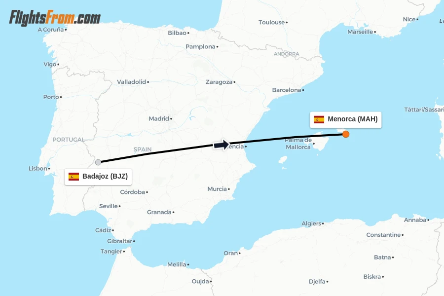 Flights from Badajoz to Menorca route map