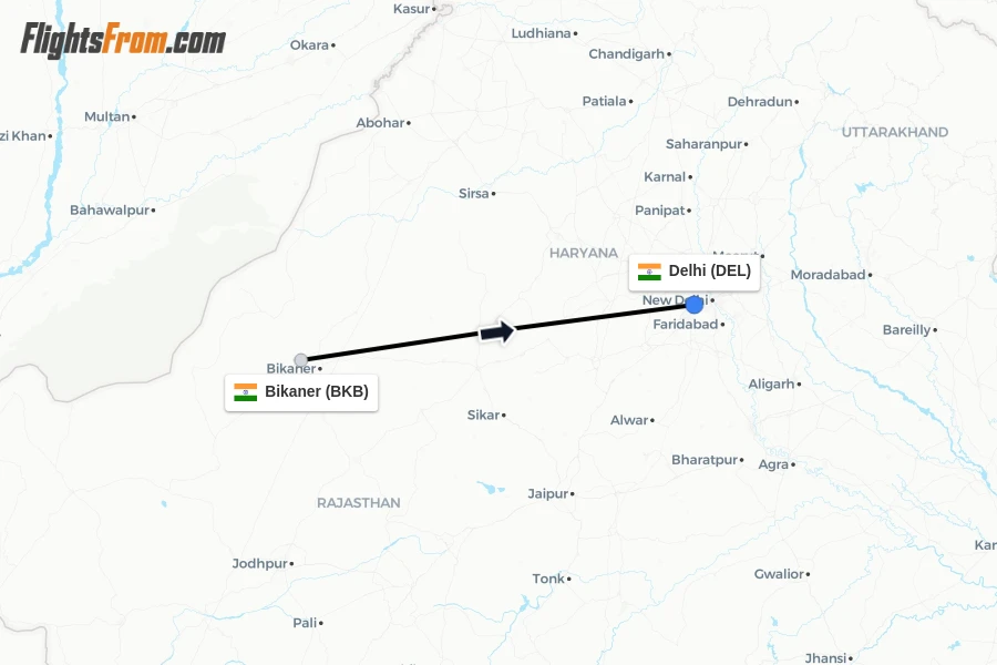 Flights from Bikaner to Delhi route map