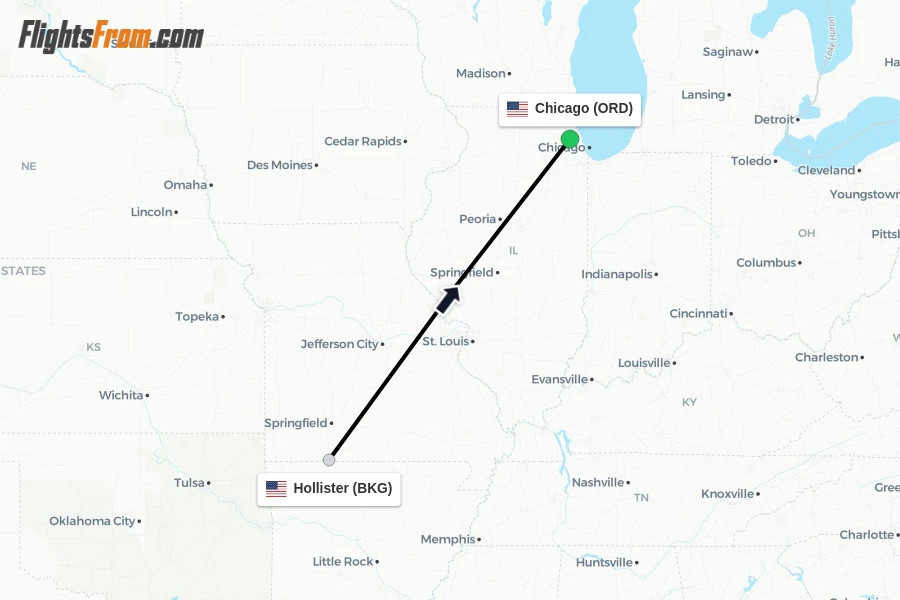 Flights from Hollister to Chicago route map