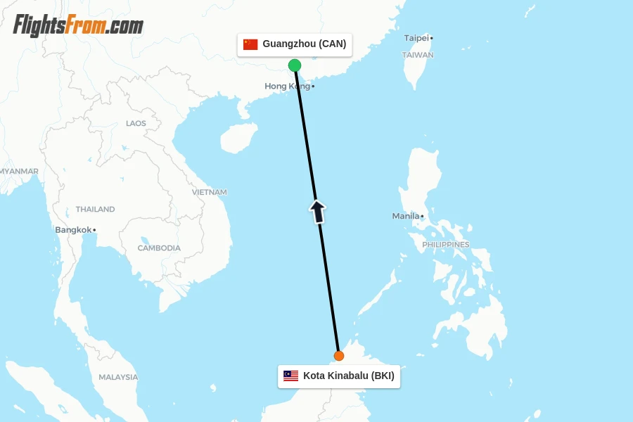 Flights from Kota Kinabalu to Guangzhou route map