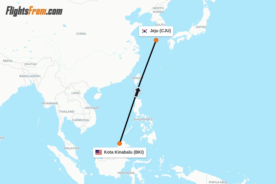 Flights from Kota Kinabalu to Jeju route map