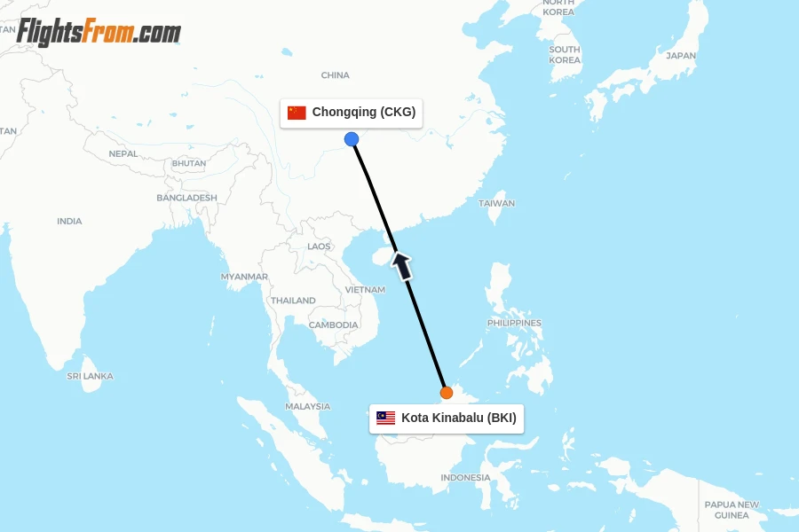 Flights from Kota Kinabalu to Chongqing route map