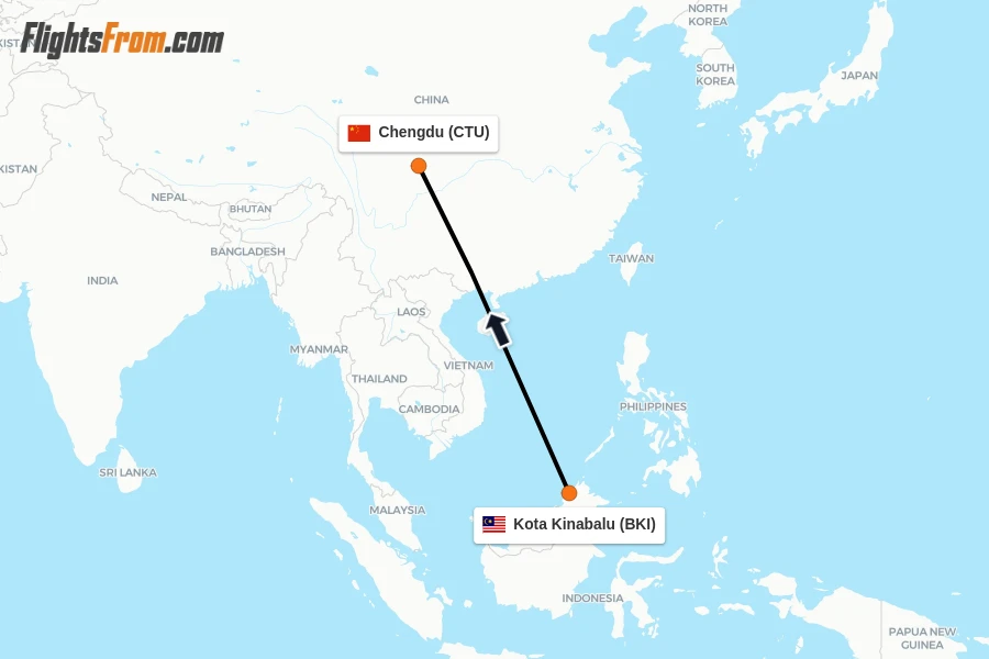 Flights from Kota Kinabalu to Chengdu route map