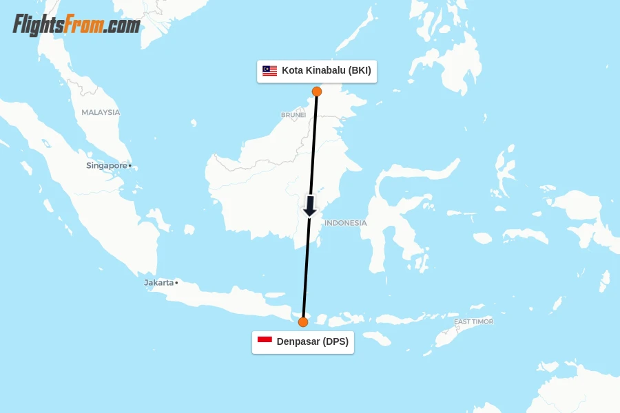 Flights from Kota Kinabalu to Denpasar route map