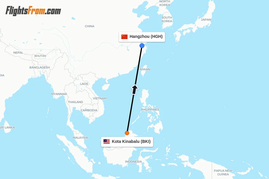 Flights from Kota Kinabalu to Hangzhou route map