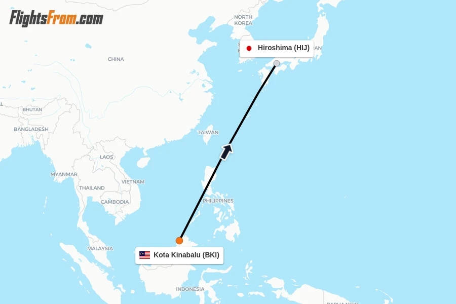 Flights from Kota Kinabalu to Hiroshima route map