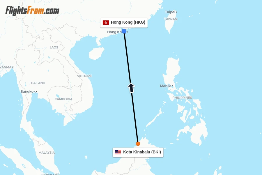 Flights from Kota Kinabalu to Hong Kong route map