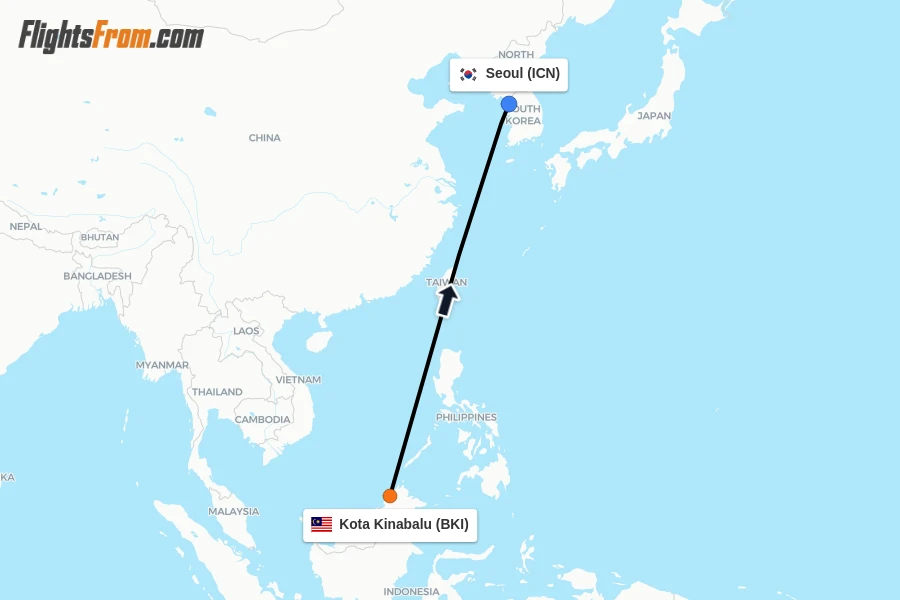 Flights from Kota Kinabalu to Seoul route map