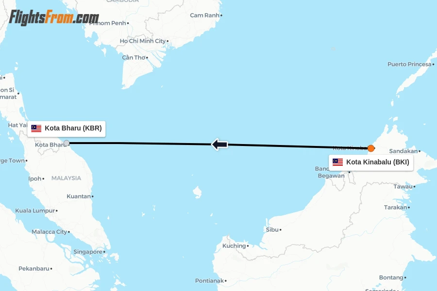 Flights from Kota Kinabalu to Kota Bharu route map