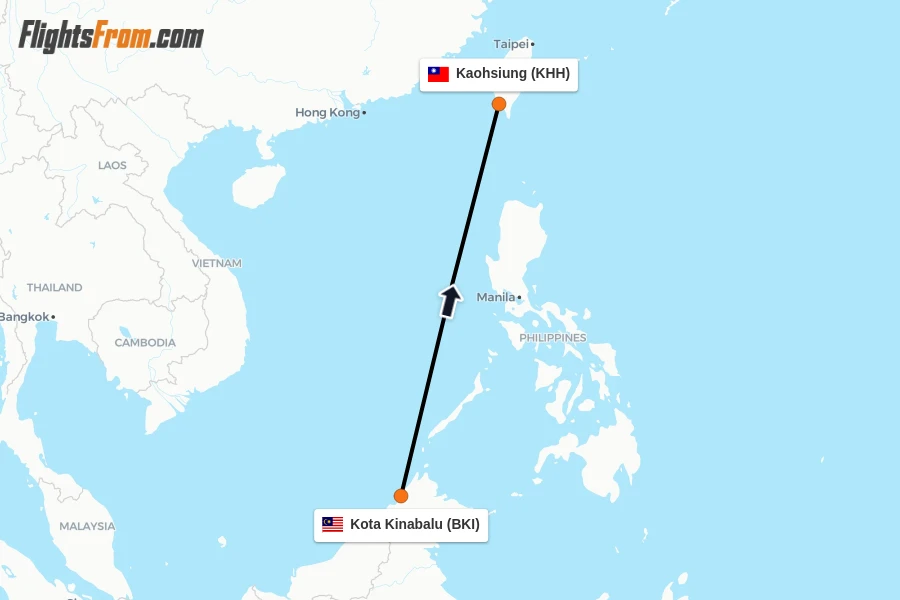 Flights from Kota Kinabalu to Kaohsiung route map