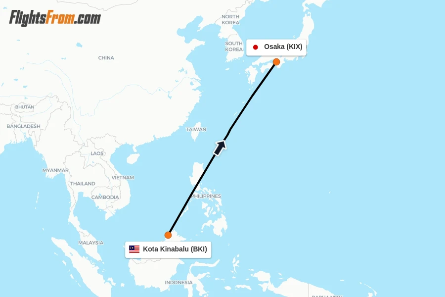 Flights from Kota Kinabalu to Osaka route map