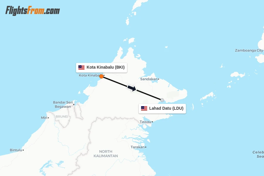 Flights from Kota Kinabalu to Lahad Datu route map