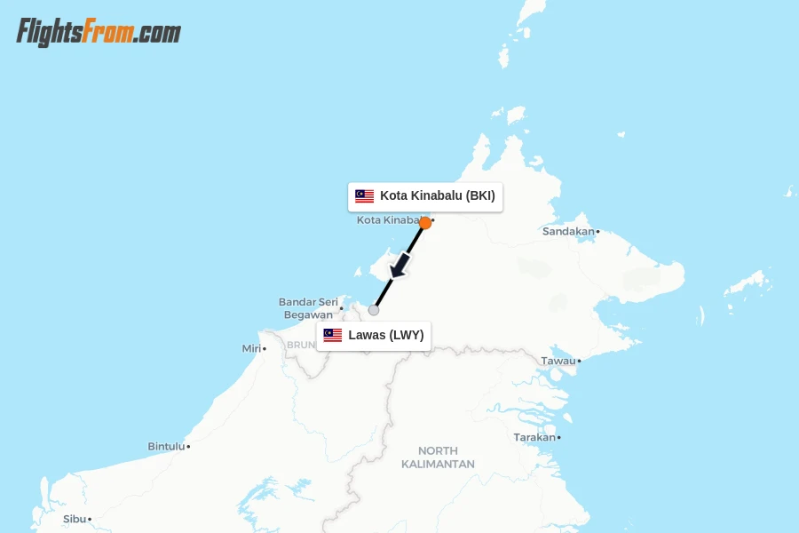 Flights from Kota Kinabalu to Lawas route map