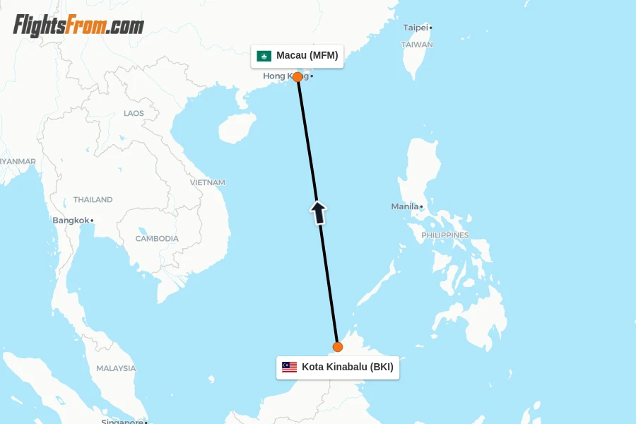 Flights from Kota Kinabalu to Macau route map