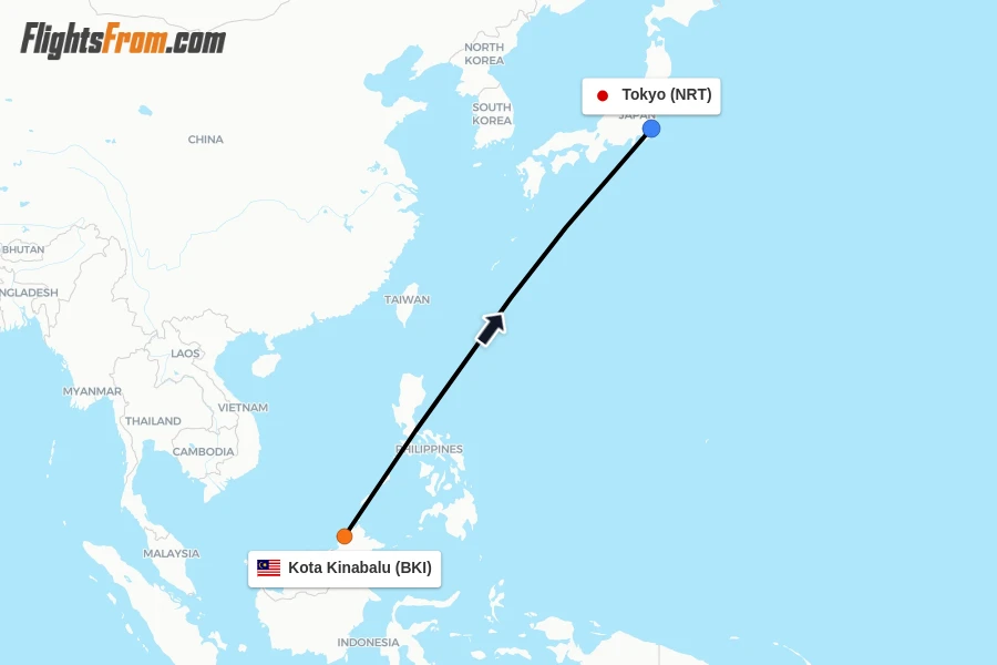 Flights from Kota Kinabalu to Tokyo route map