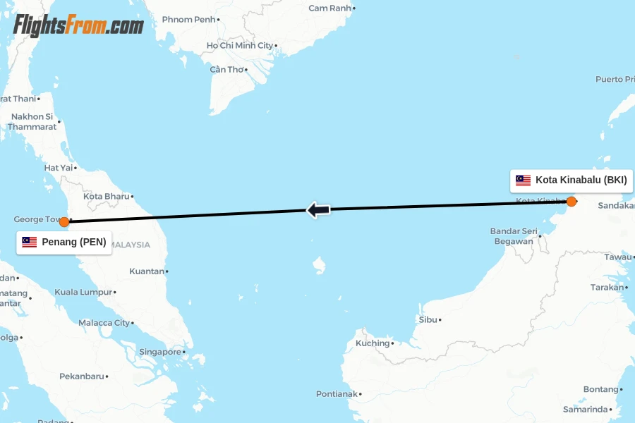 Flights from Kota Kinabalu to Penang route map