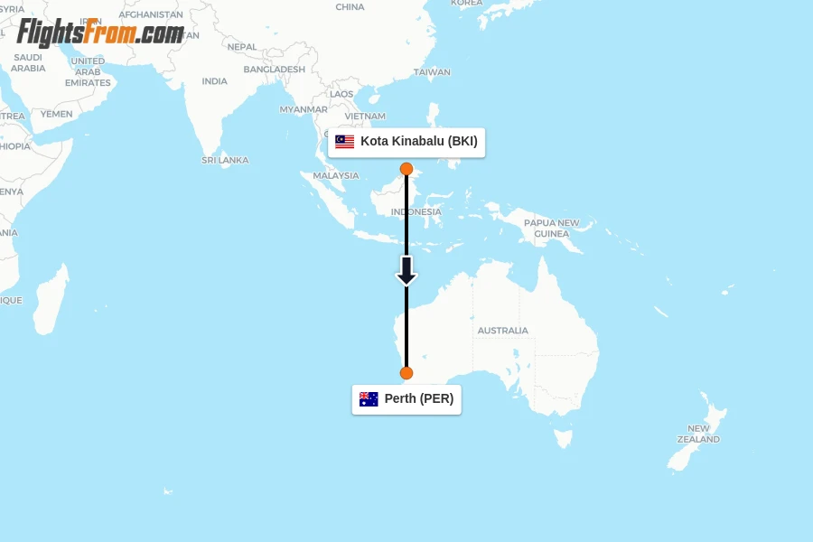 Flights from Kota Kinabalu to Perth route map