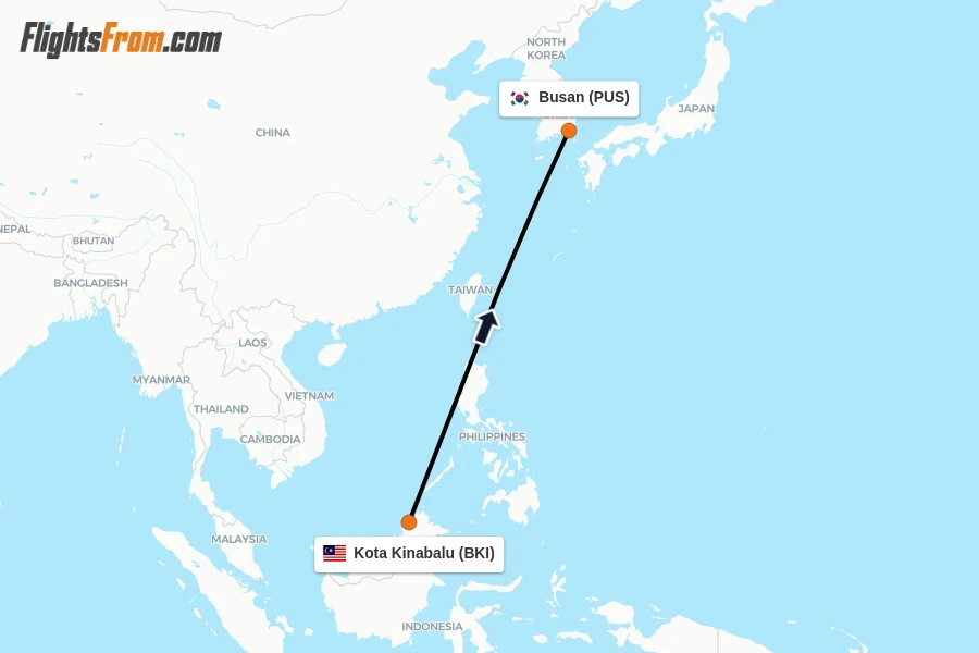 Flights from Kota Kinabalu to Busan route map