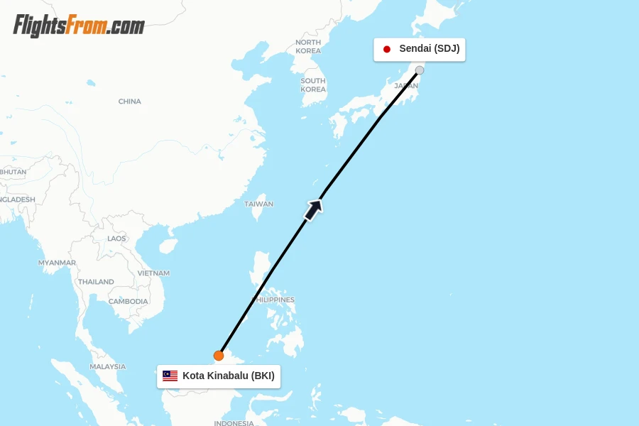 Flights from Kota Kinabalu to Sendai route map