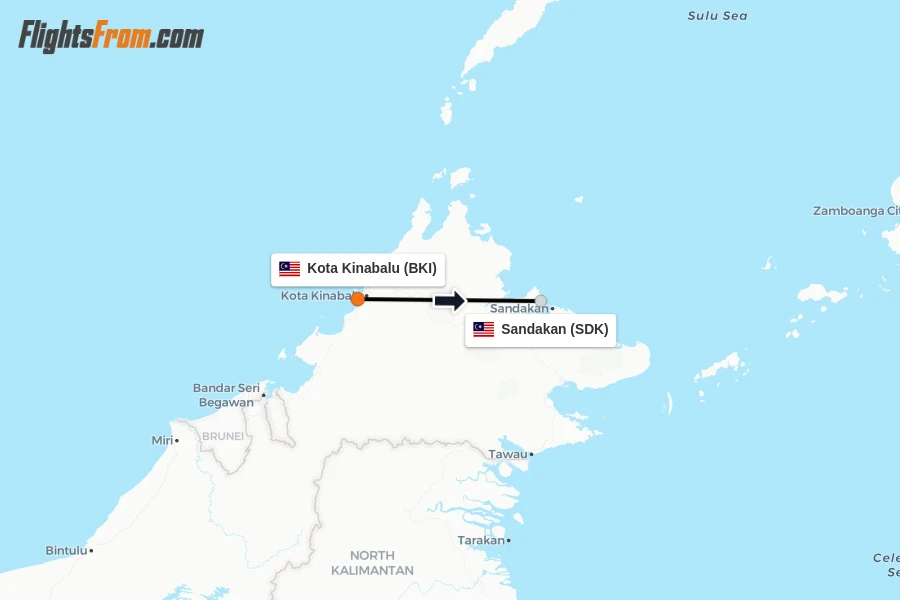 Flights from Kota Kinabalu to Sandakan route map