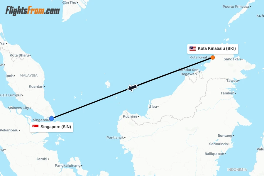 Flights from Kota Kinabalu to Singapore route map