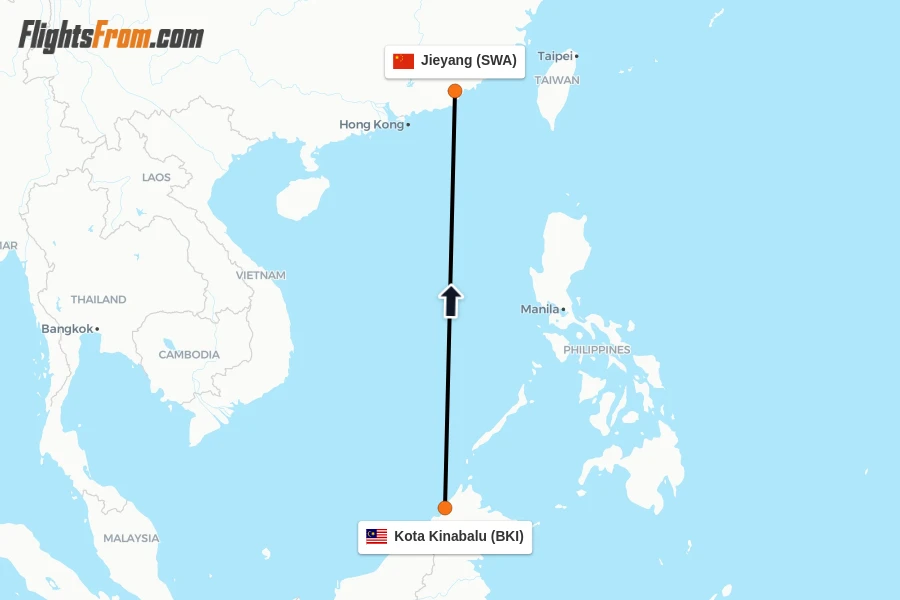 Flights from Kota Kinabalu to Jieyang route map