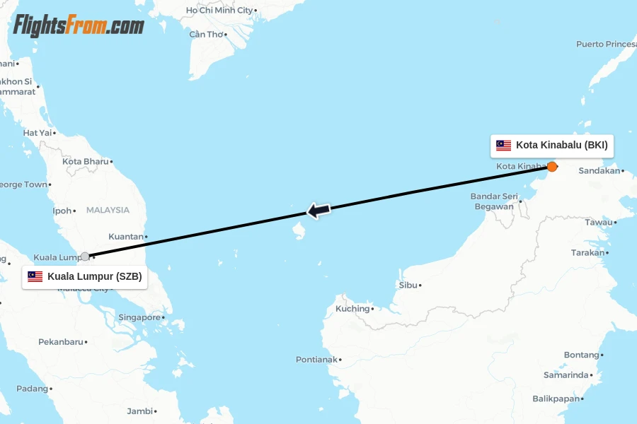 Flights from Kota Kinabalu to Kuala Lumpur route map