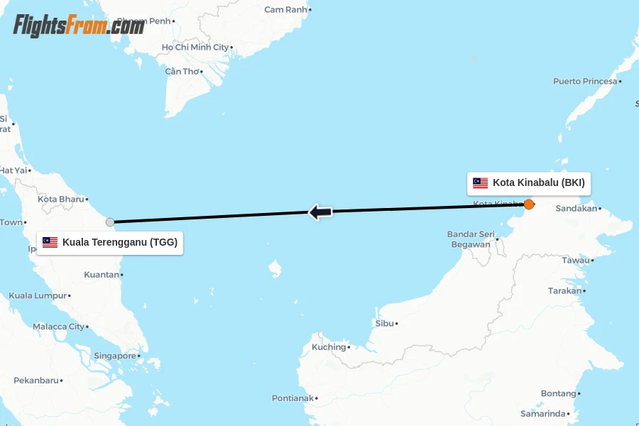 Flights from Kota Kinabalu to Kuala Terengganu route map