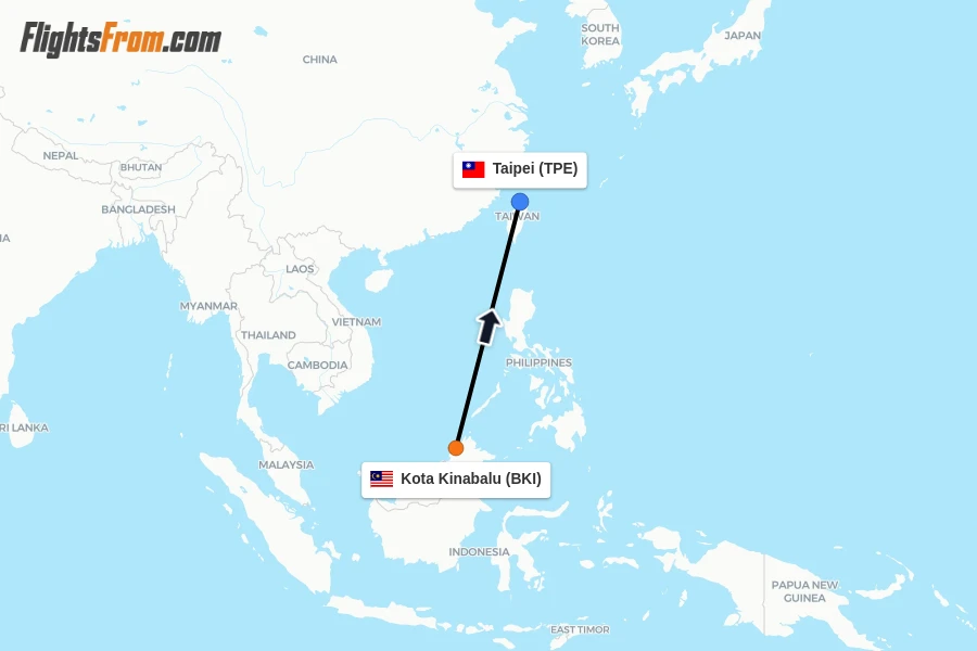 Flights from Kota Kinabalu to Taipei route map