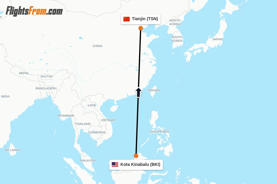 Flights from Kota Kinabalu to Tianjin route map
