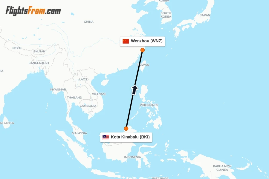 Flights from Kota Kinabalu to Wenzhou route map