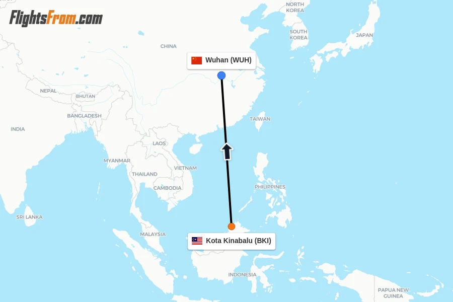 Flights from Kota Kinabalu to Wuhan route map