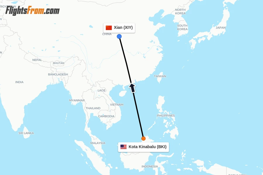 Flights from Kota Kinabalu to Xian route map