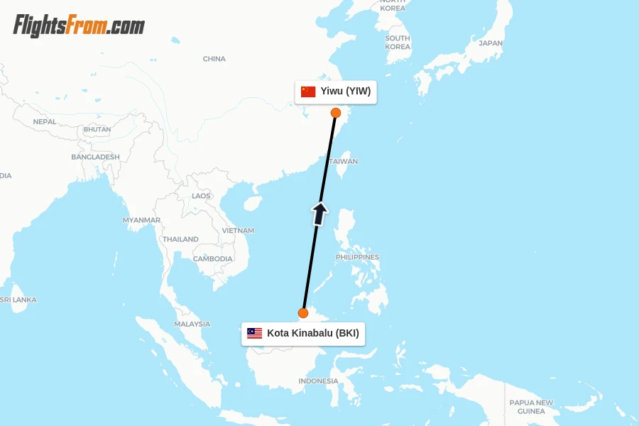 Flights from Kota Kinabalu to Yiwu route map