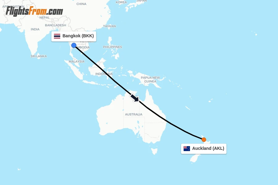 Flights from Bangkok to Auckland route map