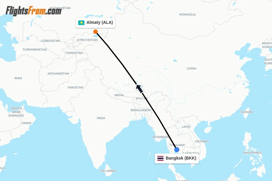 Flights from Bangkok to Almaty route map