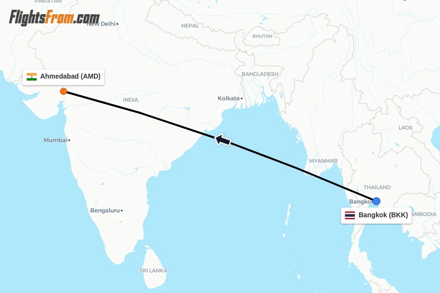 Flights from Bangkok to Ahmedabad route map