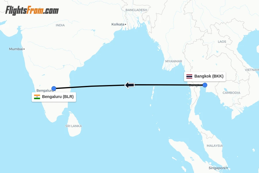 Flights from Bangkok to Bengaluru route map